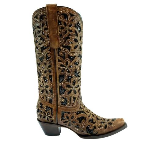 Corral Black Inlay Embroidered Studded Women's Boots